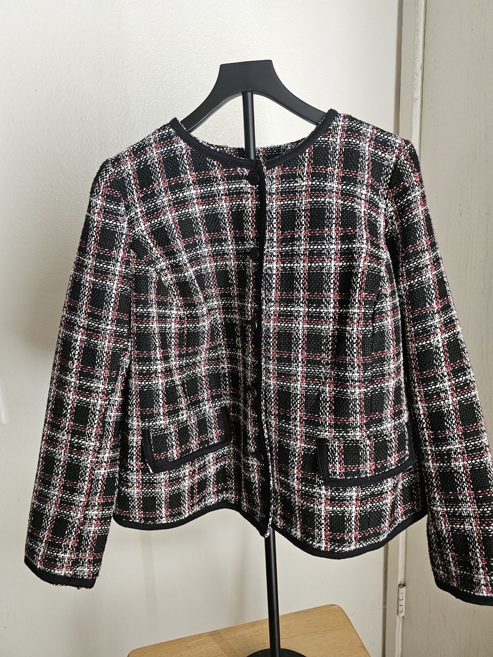 Liz Claiborne Black, White & Pink Plaid Tweed Blazer